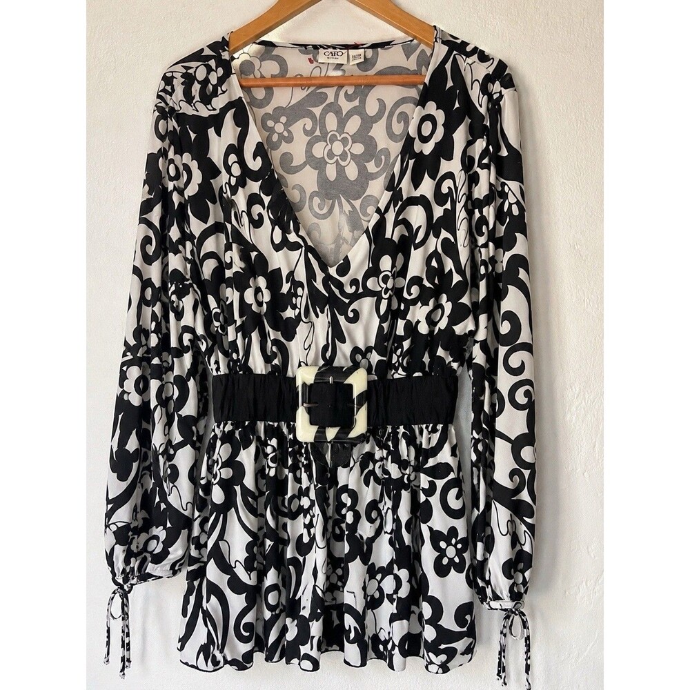Cato Collection  Black White Floral Peplum Blouse Womens XL Sheer Chiffon belt